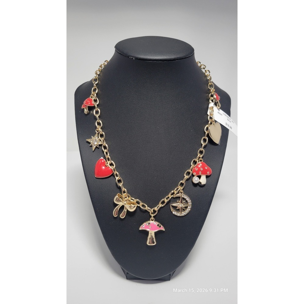 House of Harlow 1960 Charm Necklace Bag Charm Womens 19in Gold Red New Mushroom